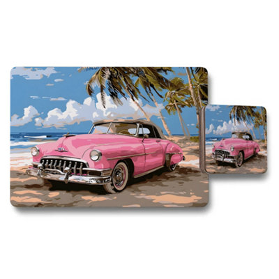 B&Q -  Vintage Pink Classic Car Beach Scene Placemats And Coaster Set