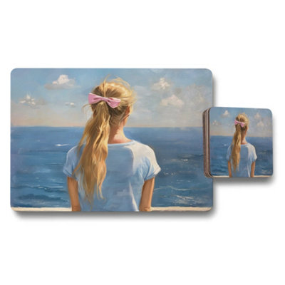 B&Q -  Sea View Girl With Pink Bow Placemat And Coaster Set
