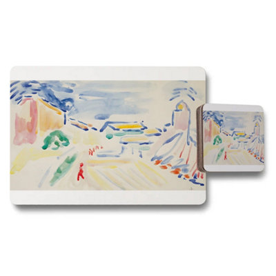 B&Q -  Watercolor Cityscape Placemats And Coaster Set For Table Decor