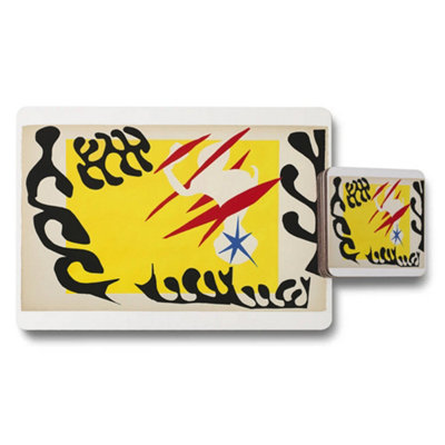 B&Q -  Abstract Art Placemat And Coaster Set With Bright Yellow Design