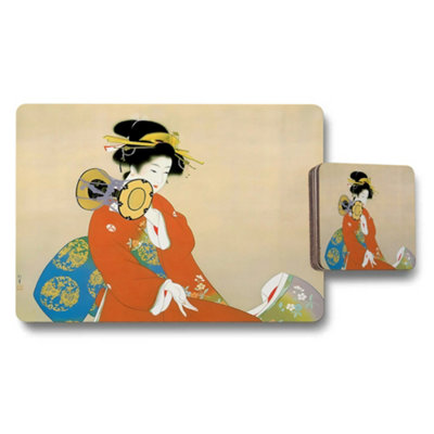 Benjamin Tate Design Geisha Artwork Placemats And Coasters Set Ukiyoe Style from B&Q