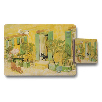 B&Q -  Cat Themed Placemat And Coaster Set With Yellow Garden Scene