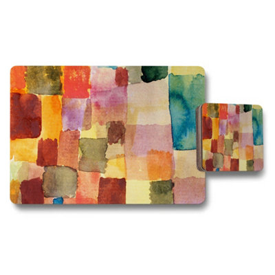 B&Q -  Abstract Color Block Placemat And Coaster Set With Watercolor Squares