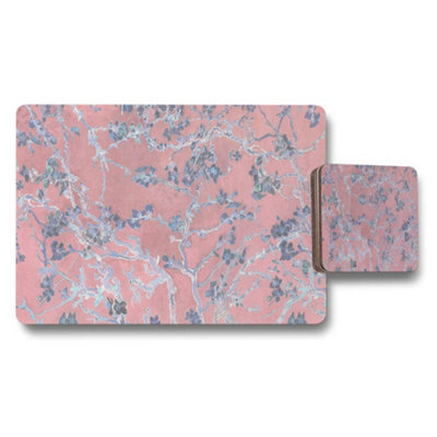Benjamin Tate Design Pink Floral Branch Placemat And Coaster Set With Blue Accents from B&Q