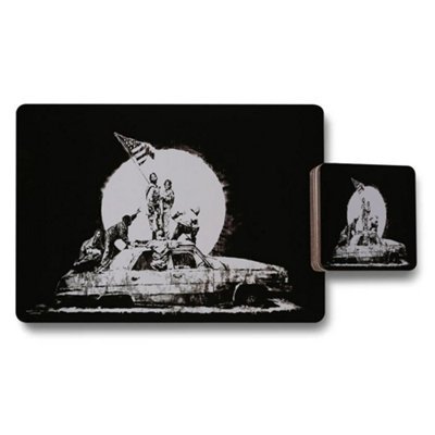 Benjamin Tate Design Monochrome Car With People And Flag Artwork Placemat And Coaster Set from B&Q
