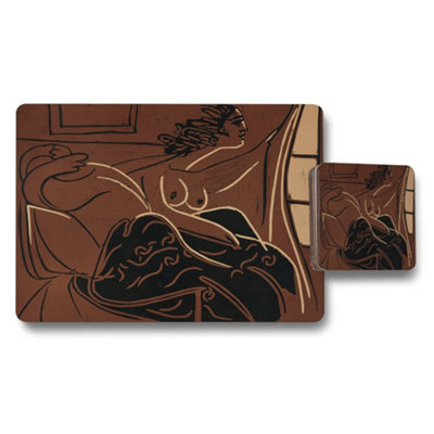 B&Q -  Brown Art Deco Reclining Nude Placemat And Coaster Set