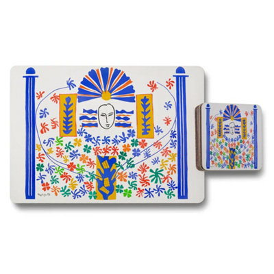B&Q -  Colorful Placemats And Coaster Set With Abstract Floral Design