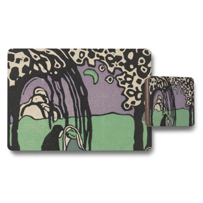 B&Q -  Abstract Art Placemat And Coaster Set In Purple Green Landscape
