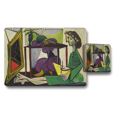 B&Q -  Abstract Woman Reading Placemat And Coaster Set With Modern Art