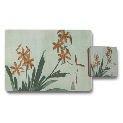 B&Q -  Orange Floral Placemats And Coaster Set With Botanical Art