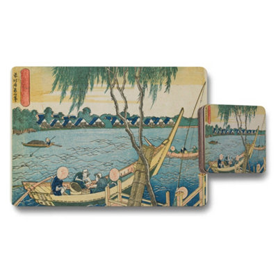 B&Q -  Placemat Coaster Set Ukiyoe Style River Scene With Boats And Willow Trees
