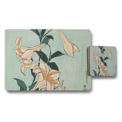 B&Q -  Lily Flower Placemats And Coaster Set Vintage Botanical Artwork