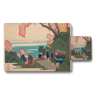 B&Q -  Japanese Ukiyoe Placemats And Coasters Set With Cherry Blossom River Scene