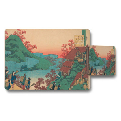 B&Q -  Japanese Ukiyoe Placemats And Coasters Set With Scenic Mountain Village Art