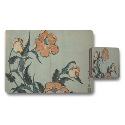 B&Q -  Floral Poppies Placemats And Coaster Set With Vintage Blue Background