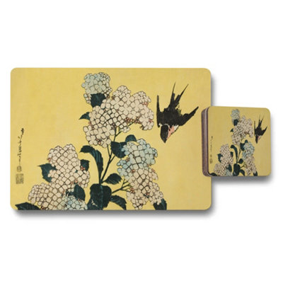 B&Q -  Hydrangea And Bird Motif Placemat And Coaster Set Yellow Background