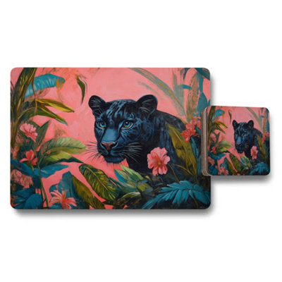 Benjamin Tate Design Tropical Panther Placemat And Coaster Set With Jungle Floral Design from B&Q