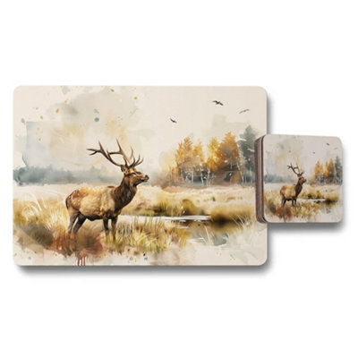 B&Q -  Autumn Deer Watercolor Placemat And Coaster Set For Table Decor