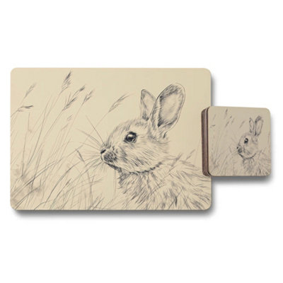 B&Q -  Beige Bunny Sketch Placemat And Coaster Set With Rabbit Illustration