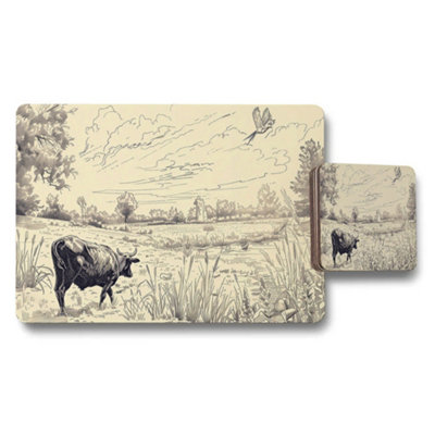 B&Q -  Rustic Bison Pasture Landscape Placemat And Coaster Set For Table