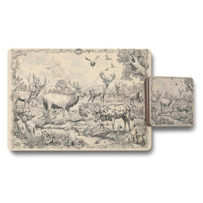 B&Q -  Vintage Wildlife Deer Placemats And Coaster Set With Antique Illustration