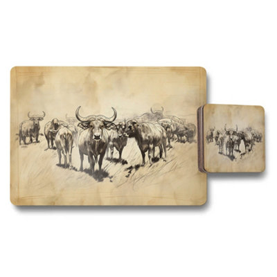 B&Q -  Antique Sketch Cattle Herd Placemat And Coaster Set