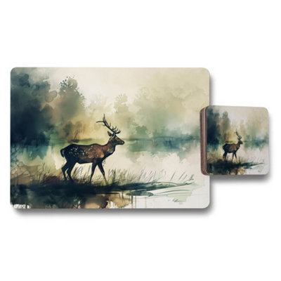 B&Q -  Watercolor Deer Placemat And Coaster Set With Forest Scene