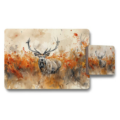 B&Q -  Autumn Deer Placemat And Coaster Set With Watercolor Design