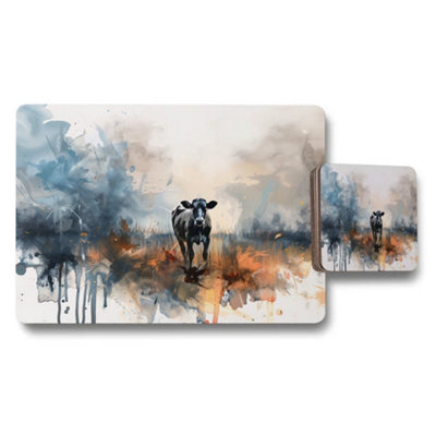 B&Q -  Watercolor Cow Placemats And Coasters Set For Farmhouse Table