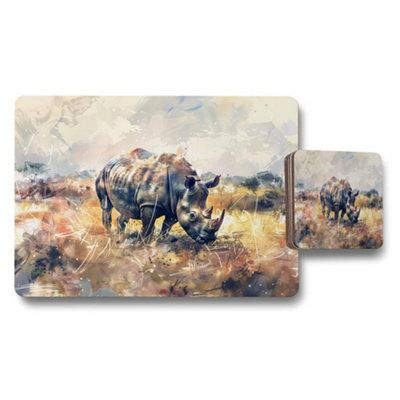 B&Q -  Rhinoceros Watercolor Placemats And Coasters Set Wildlife Art
