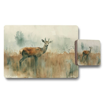 Benjamin Tate Design Watercolor Deer Placemat And Coaster Set For Rustic Kitchen Decor from B&Q