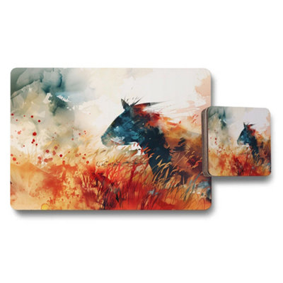 B&Q -  Horse Abstract Watercolor Placemats And Coaster Set