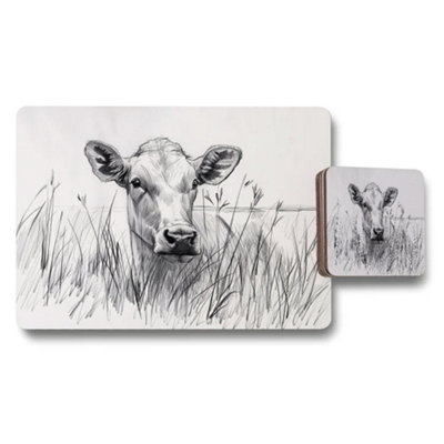 B&Q -  Cow Sketch Placemat And Coaster Set Black And White Farmhouse Decor
