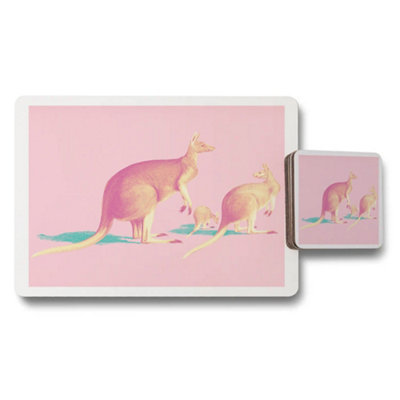 B&Q -  Kangaroo Art Placemat And Coaster Set Pink Background