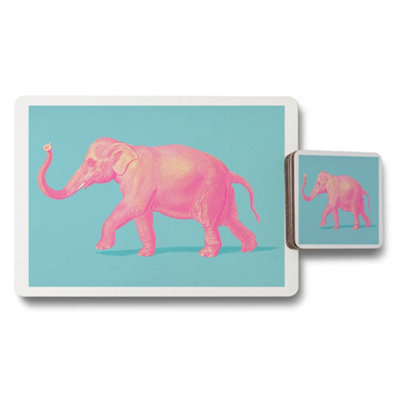 B&Q -  Pink Elephant Placemat And Coaster Set On Turquoise Background