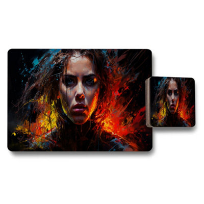 B&Q -  Fiery Portrait Placemats And Coaster Set With Abstract Art