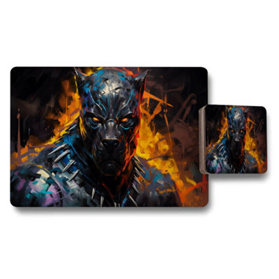 B&Q -  Black Panther Placemat Coaster Set With Fiery Art Design