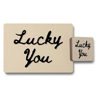 Benjamin Tate Design Lucky You Placemats And Coasters Set Rustic Beige Script Design from B&Q