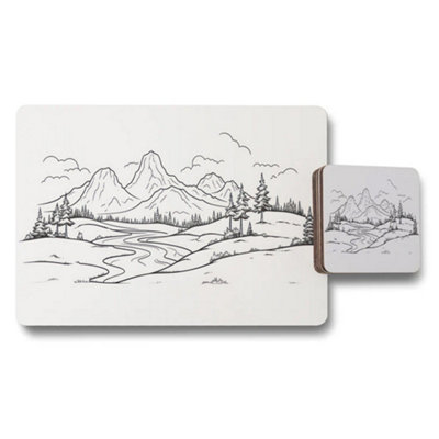 B&Q -  Mountain Landscape Placemat And Coaster Set With Scenic Line Art