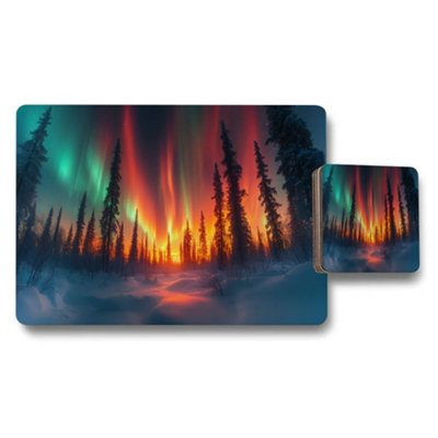 Benjamin Tate Design Aurora Borealis In Snowy Forest Placemat And Coaster Set