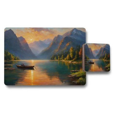 B&Q -  Sunset Mountain Lake Placemats And Coasters Set With Scenic Painting