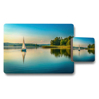 B&Q -  Lake Scene Sailboat Placemat And Coaster Set With Serene Water Reflection