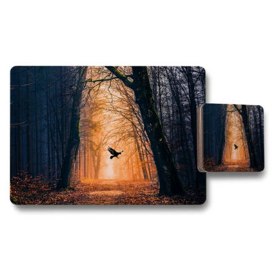 Benjamin Tate Design Autumn Forest Path Placemat And Coaster Set With Sunset Glow from B&Q