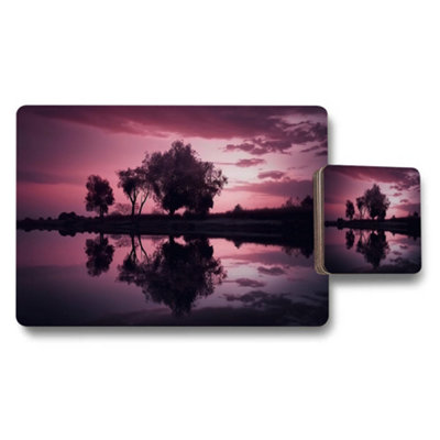 B&Q -  Placemat Coaster Set Purple Sunset Landscape Water Reflection