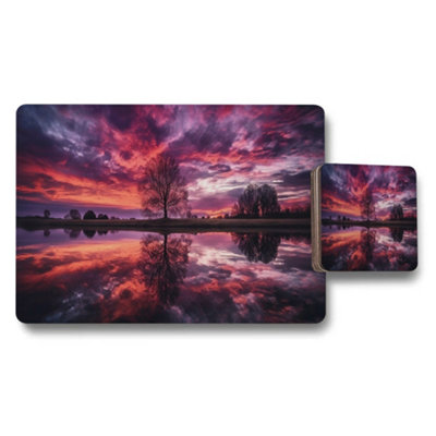 Benjamin Tate Design Sunset Landscape Placemat And Coaster Set With Reflective Water Scene from B&Q