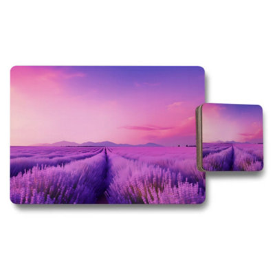 Benjamin Tate Design Lavender Field Placemats And Coaster Set Purple Sunset Design
