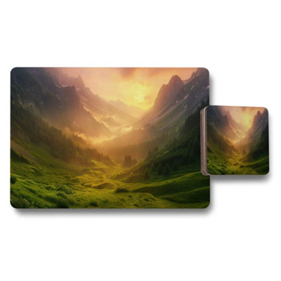 B&Q -  Mountain Landscape Placemat And Coaster Set Sunset Valley View