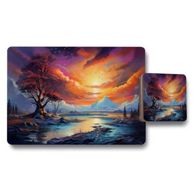 Benjamin Tate Design Sunset Landscape Placemats And Coaster Set With Vibrant River Scene