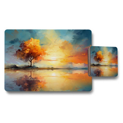 B&Q -  Sunset Tree Landscape Placemat Coaster Set With Water Reflection Art
