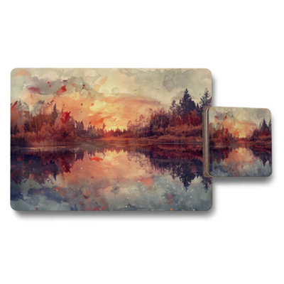 B&Q -  Autumn Lakeside Placemats And Coaster Set Watercolor Sunset